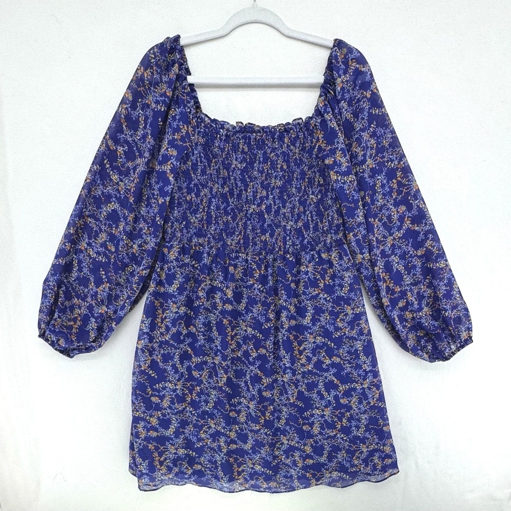 BCBG Paris Mini Dress Women Medium Blue Floral Smocked Square‎ Neck Long Sleeve
